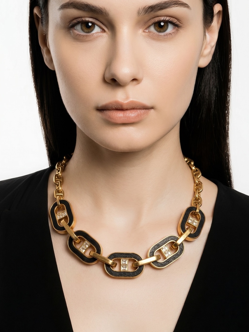 Ann Taylor Gold and Black Link Necklace with Crystal Accents